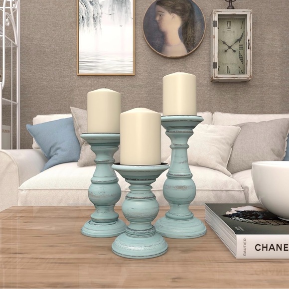 NIB - Set of 3- 6”, 8”, & 10” Tall Wood Rustic Pillar Candle Holders, Light Blue - Picture 4 of 8
